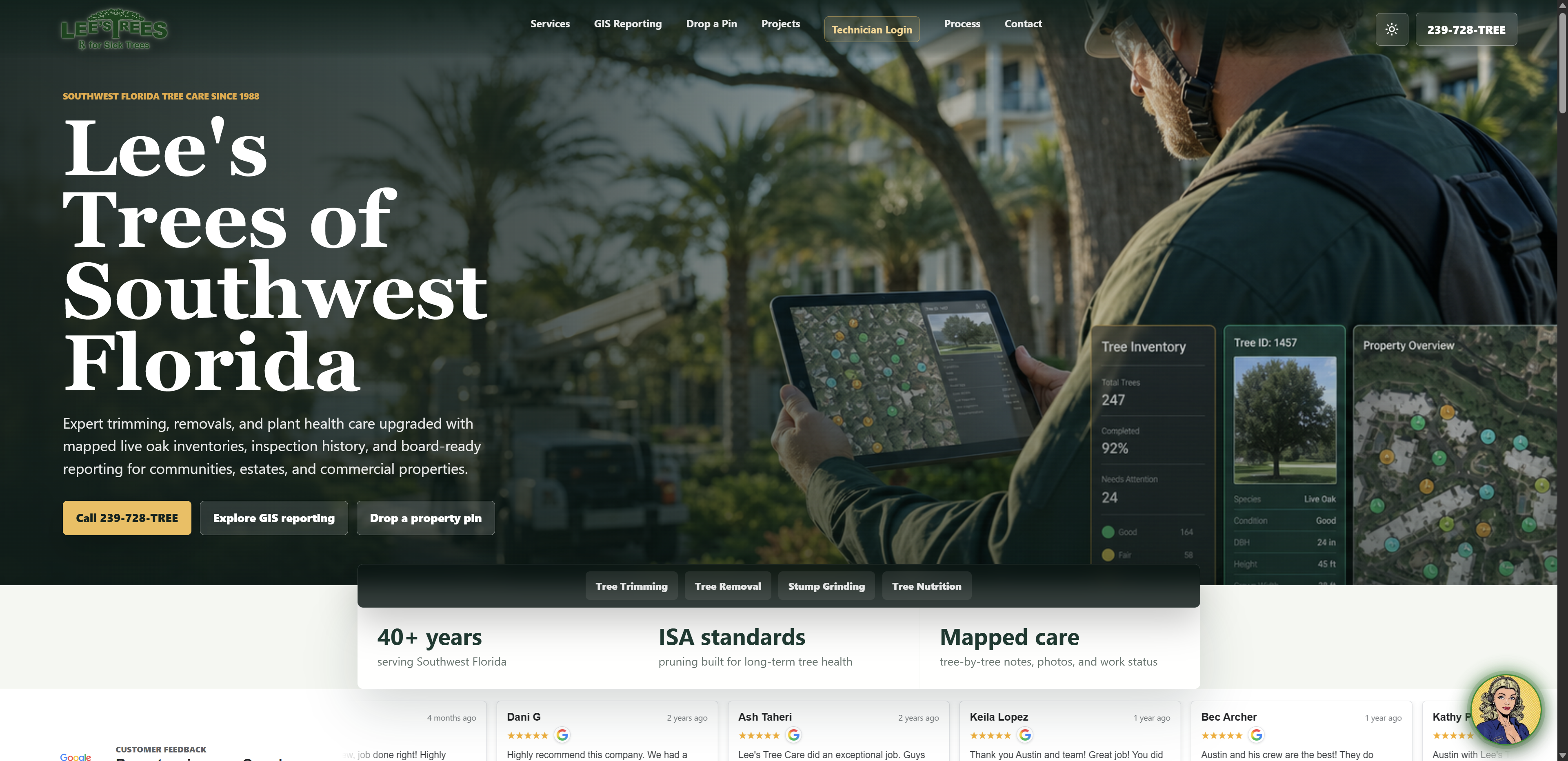 Lee's Trees of Southwest Florida homepage showing the full site name and GIS tree-care hero